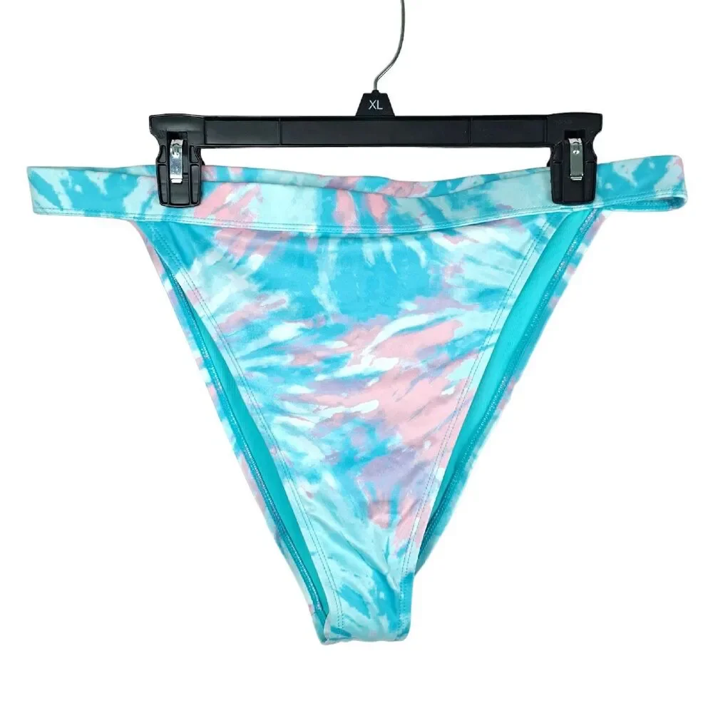 NEW H&M Women Blue Tie Dye Swim Bikini Bottom High Rise Leg Opening Size XL